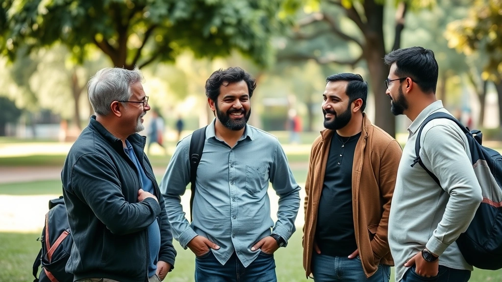 Group of diverse men having an engaging conversation outdoors in a park setting, genuine connection and camaraderie visible, relaxed body language