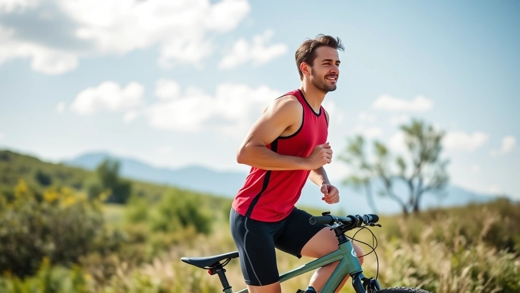 Man exercising outdoors on a sunny day, running or cycling with determination, natural landscape background, physical wellness and mental clarity