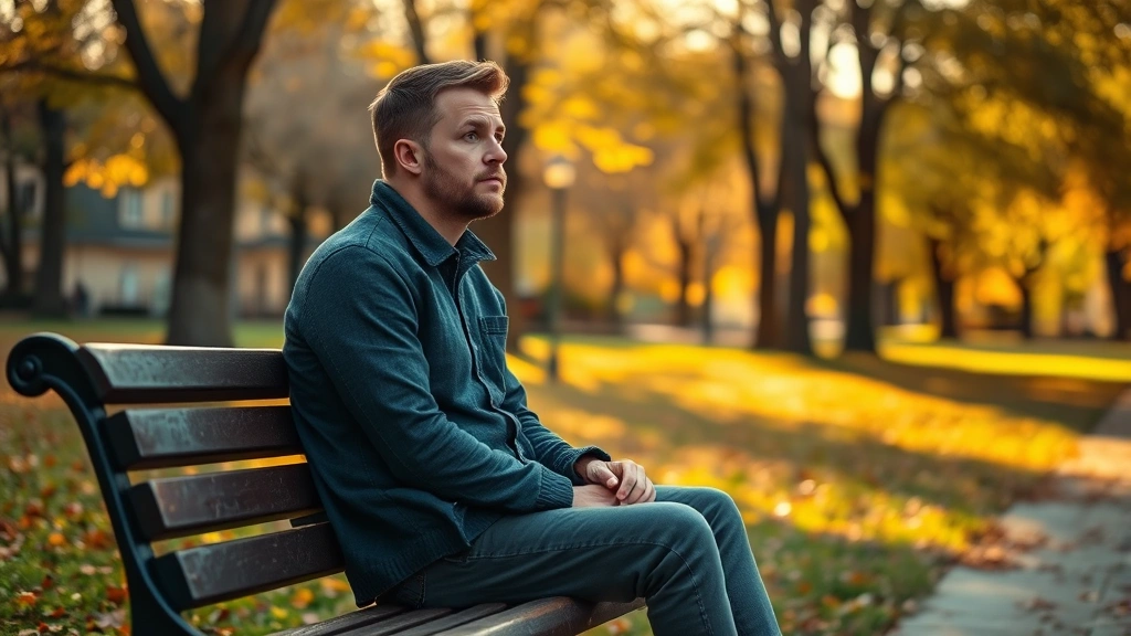 A man sitting peacefully on a bench in a park during autumn, looking contemplative with warm sunlight filtering through trees, showing emotional awareness and calm reflection.