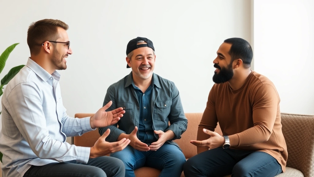 Three diverse men in a casual support group circle, engaged in meaningful conversation with open body language, representing connection and peer support for mental wellness.