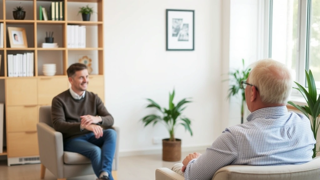 A man at a therapist's office during a counseling session, sitting comfortably while having a genuine conversation, depicting professional mental health support and healing.