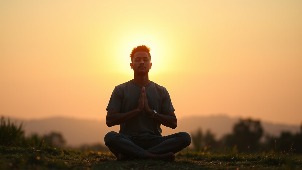 Peaceful man meditating in natural outdoor setting sunrise golden light serene expression no text no words no letters