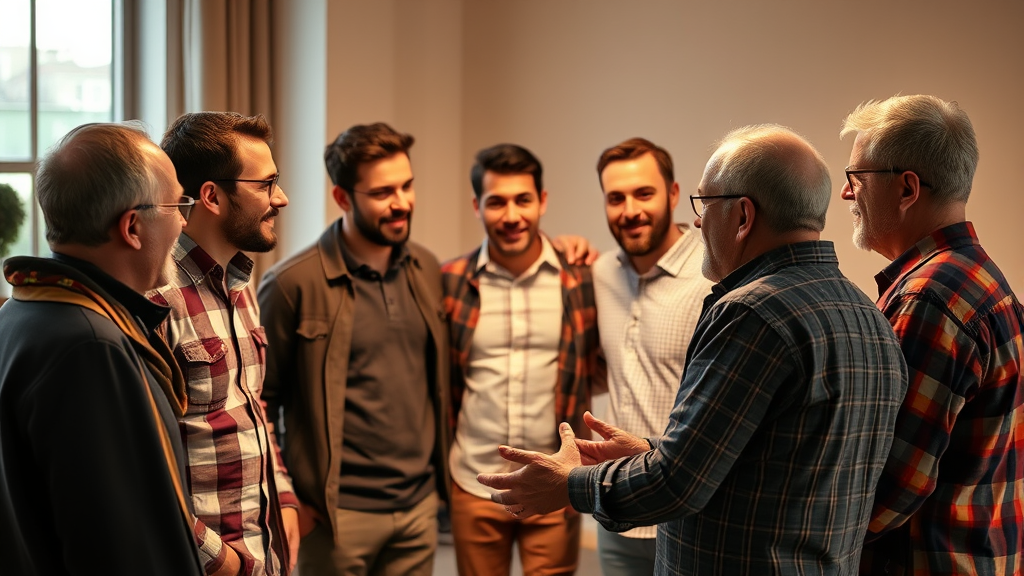 Diverse group of men in supportive conversation circle warm lighting genuine connection no text no words no letters
