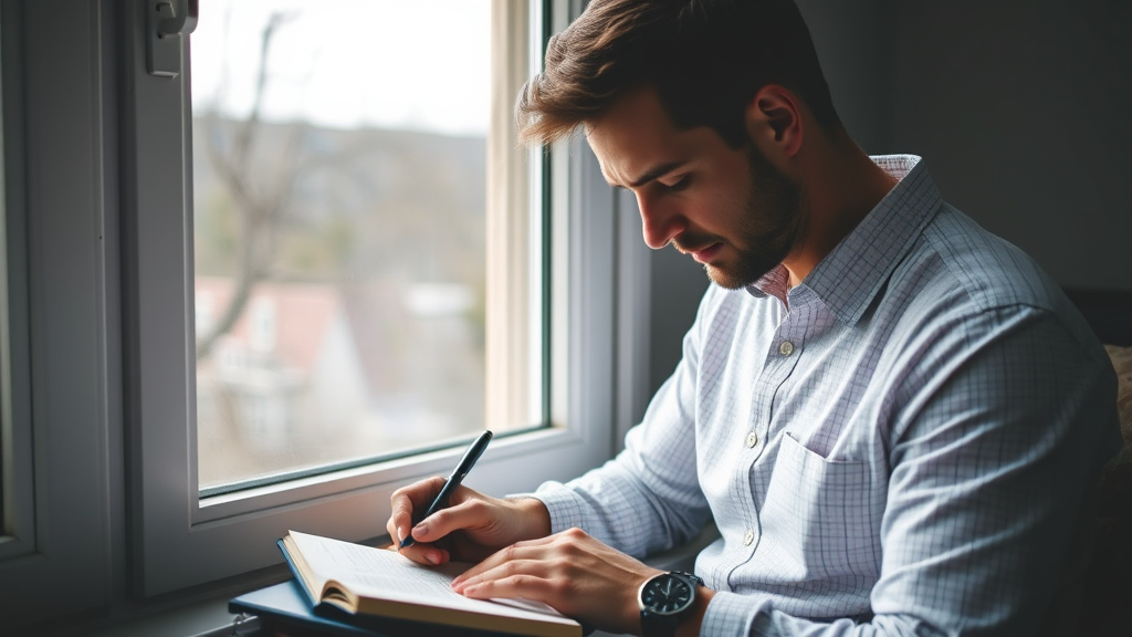 Man writing in journal beside window natural light thoughtful contemplative mood no text no words no letters