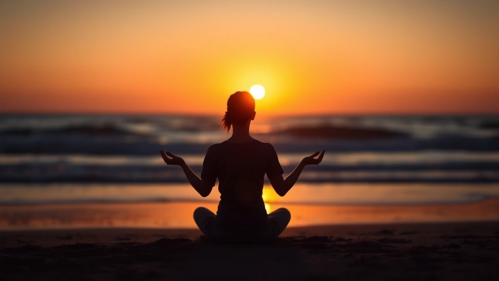 Silhouette of a person meditating on a peaceful beach at sunset, ocean waves blurred in background, golden hour lighting, calm contemplative scene