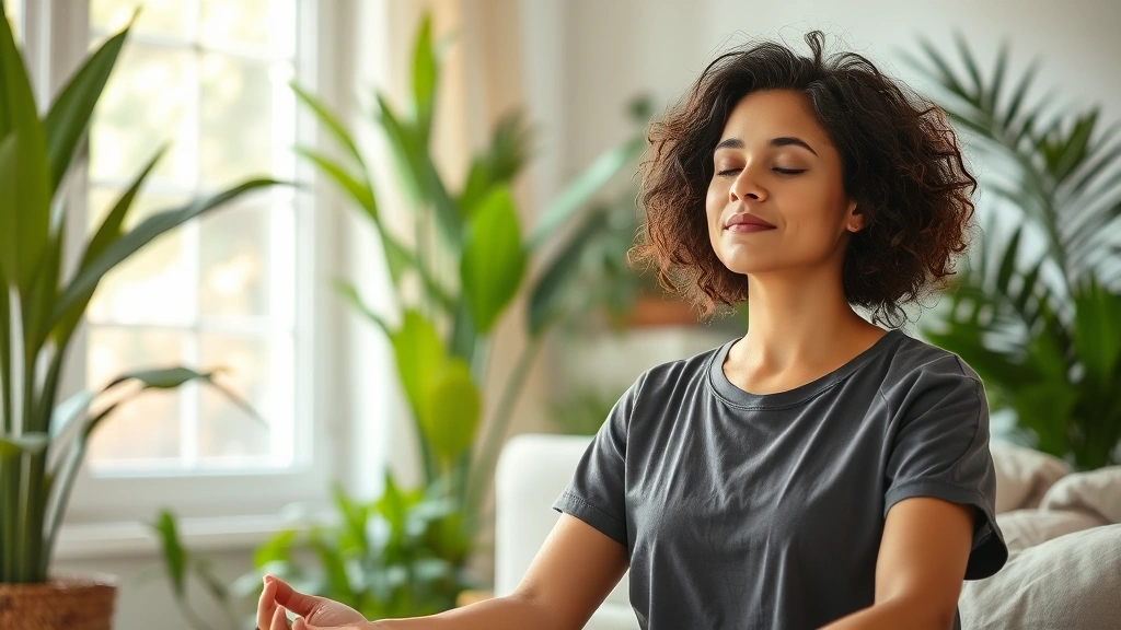 Person meditating peacefully in a comfortable home environment with soft natural lighting, calm expression, surrounded by plants and peaceful atmosphere
