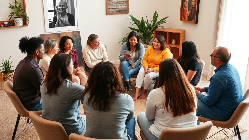 Diverse group of people in a therapy or support group setting, sitting in a circle, engaged in conversation, warm welcoming environment with neutral colors