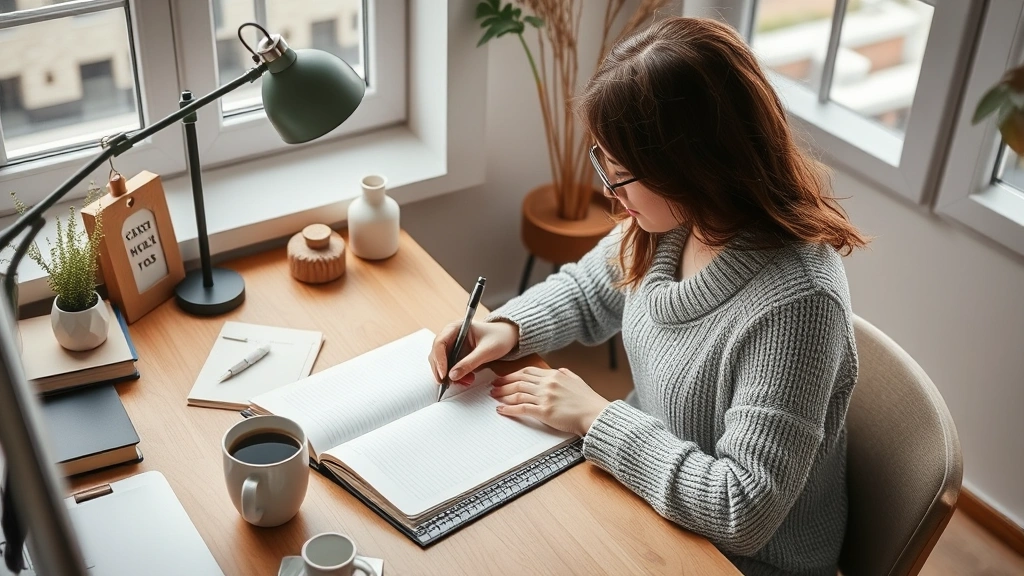 Individual journaling at a desk with coffee cup, notebook open, pen in hand, natural window lighting, serene workspace with minimalist decoration