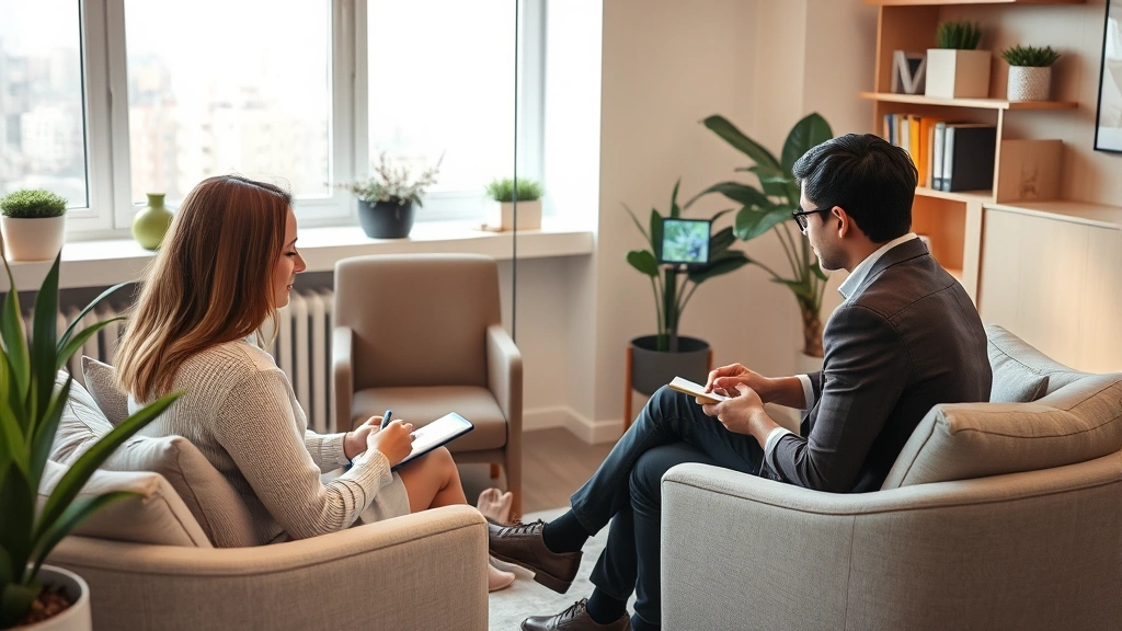 Professional mental health counselor in modern office with comfortable seating, warm lighting, and calming neutral tones, note-taking during session