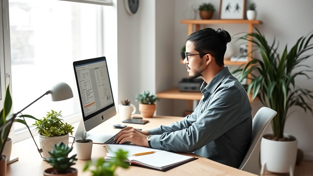 Mental health professional working at computer in private practice office, reviewing client notes, minimalist modern workspace with plants