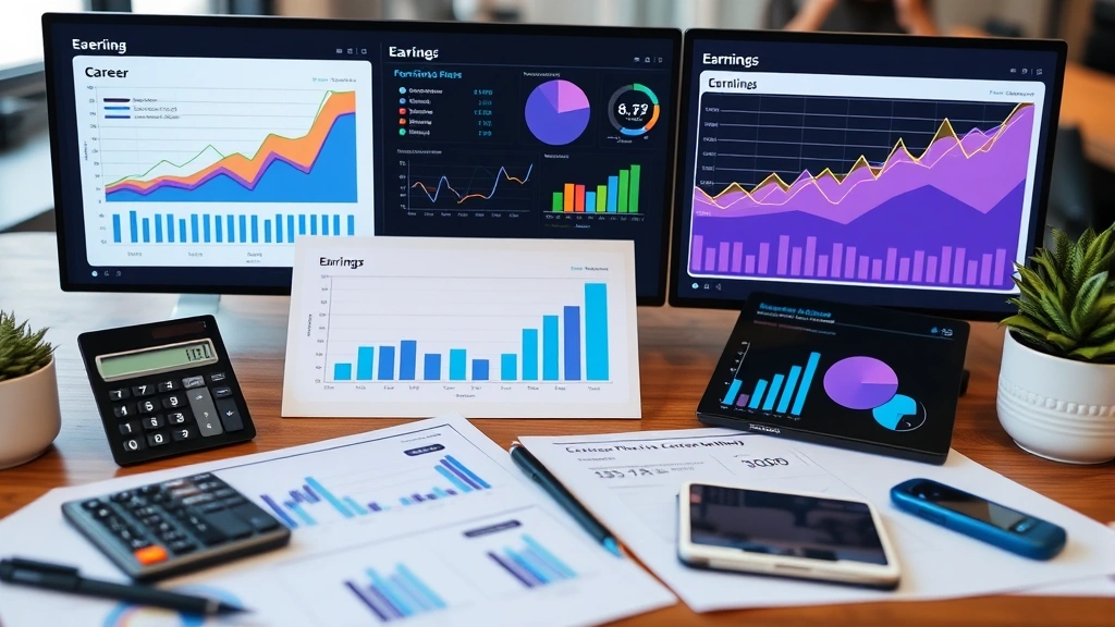 Financial planning workspace with charts, graphs, and calculator showing career progression and earnings data visualization