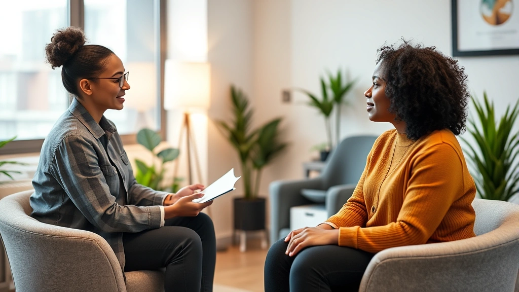 Professional diverse mental health counselor working with patient in modern clinical office setting with warm lighting and comfortable seating