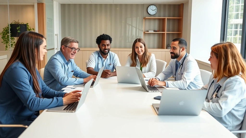 Group of diverse healthcare professionals in mental health clinic having collaborative team meeting around conference table with laptops