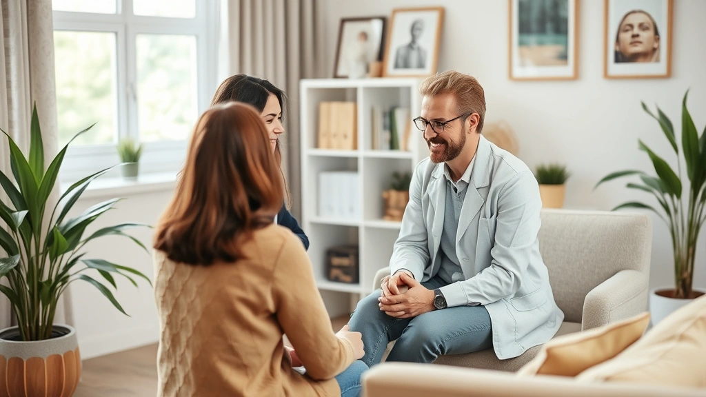 Mental health professional conducting supportive therapy session with client in private office with calming decor and natural light