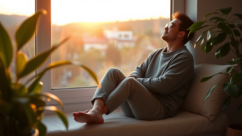 Person sitting peacefully on a window seat during golden hour, wearing comfortable clothing, surrounded by soft natural light and indoor plants, serene expression