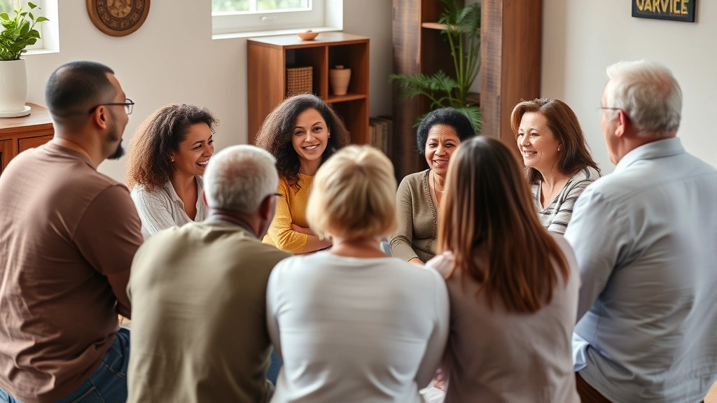 Group of diverse people sitting in a circle during what appears to be a support meeting or wellness gathering, engaged in genuine conversation with compassionate expressions