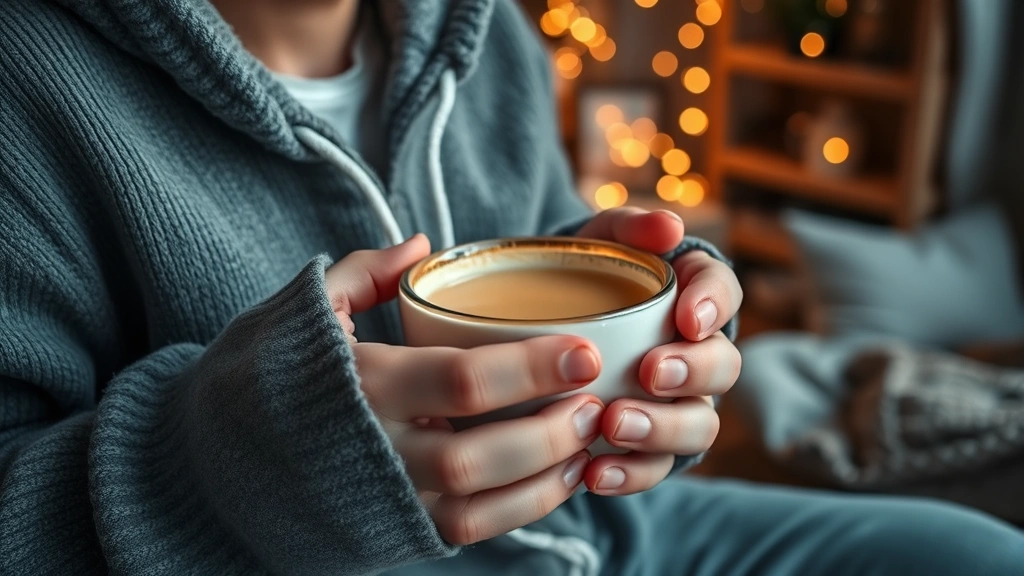 Close-up of hands holding a warm beverage, person wearing a cozy hoodie, cozy home environment with soft lighting and comfortable furnishings visible