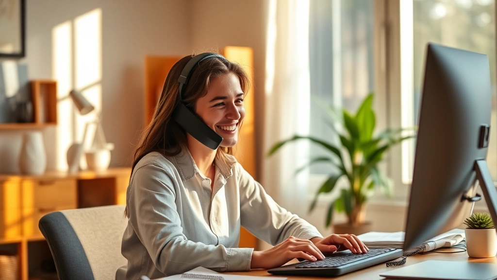 Person sitting at desk smiling while looking at phone, warm natural lighting, comfortable home office setting, relaxed posture, genuine expression
