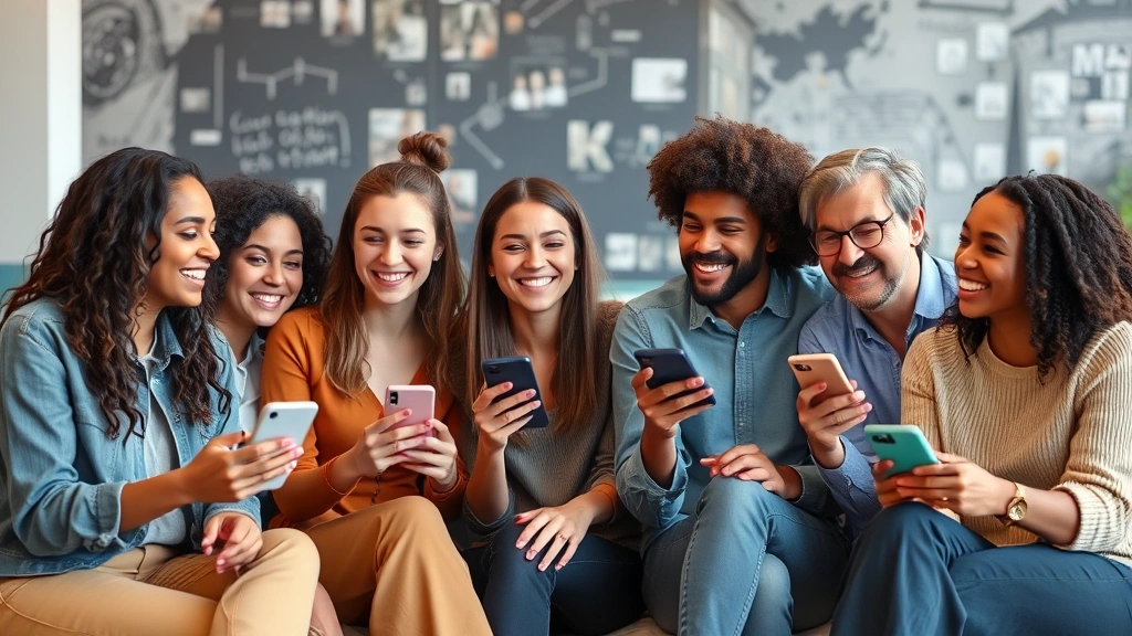 Group of diverse friends sitting together in casual setting, each smiling while holding phones, showing moments of shared understanding and connection without any text visible