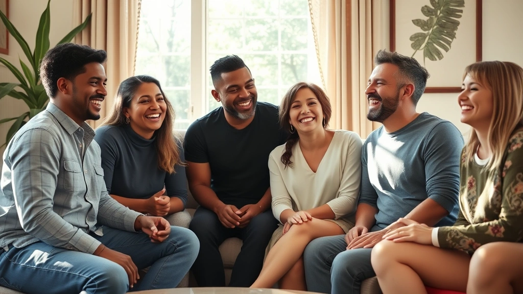 Group of diverse friends laughing together in casual living room, natural sunlight streaming through window, comfortable seating, genuine connection and warmth
