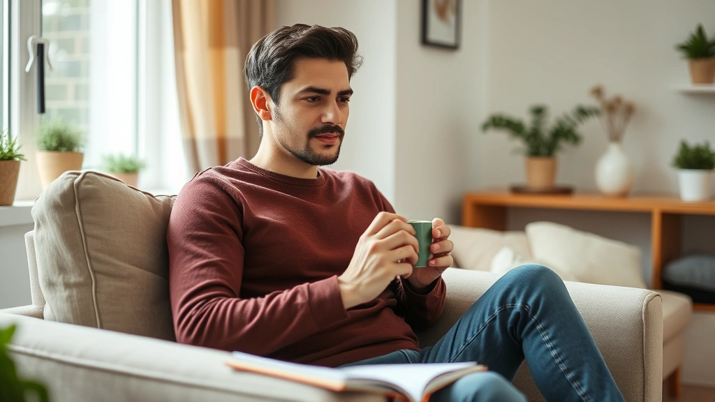 Individual sitting peacefully with cup of tea, notebook nearby, peaceful expression showing thoughtful reflection and emotional processing in comfortable home environment