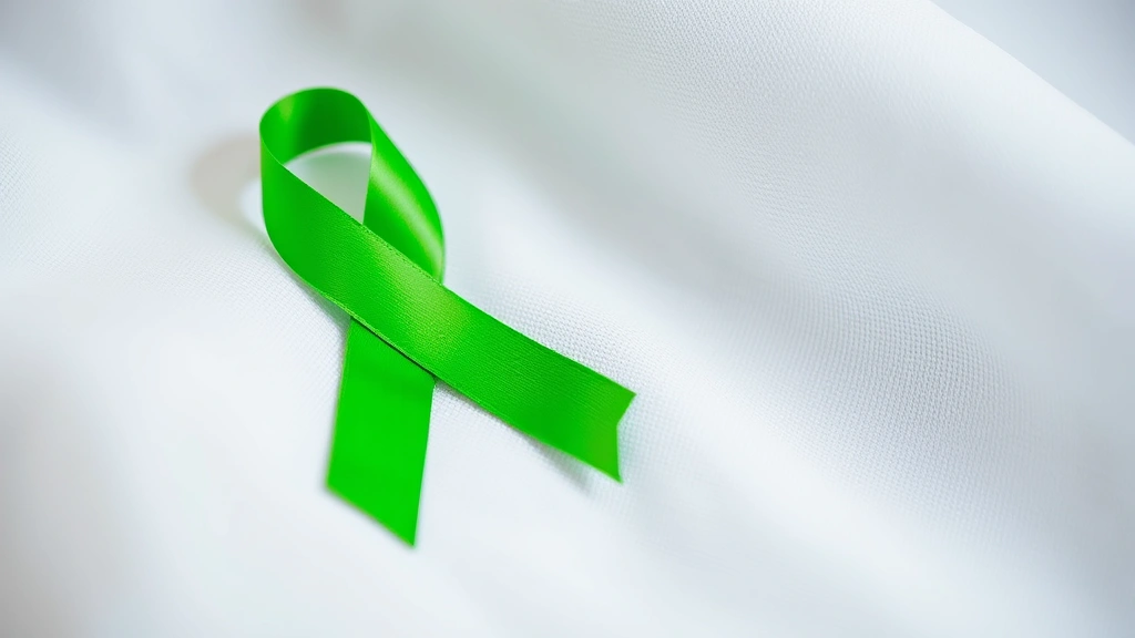 Close-up of a bright green ribbon symbol on a white fabric background, symbolizing mental health awareness and hope