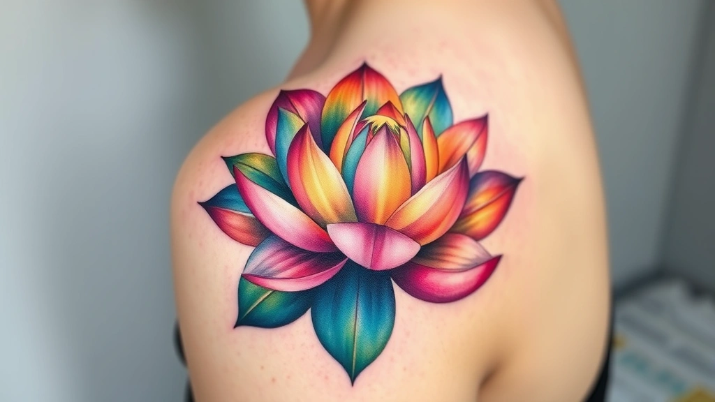 Watercolor lotus flower tattoo on shoulder, transitioning from dark colors at base to vibrant blooms, photorealistic detail