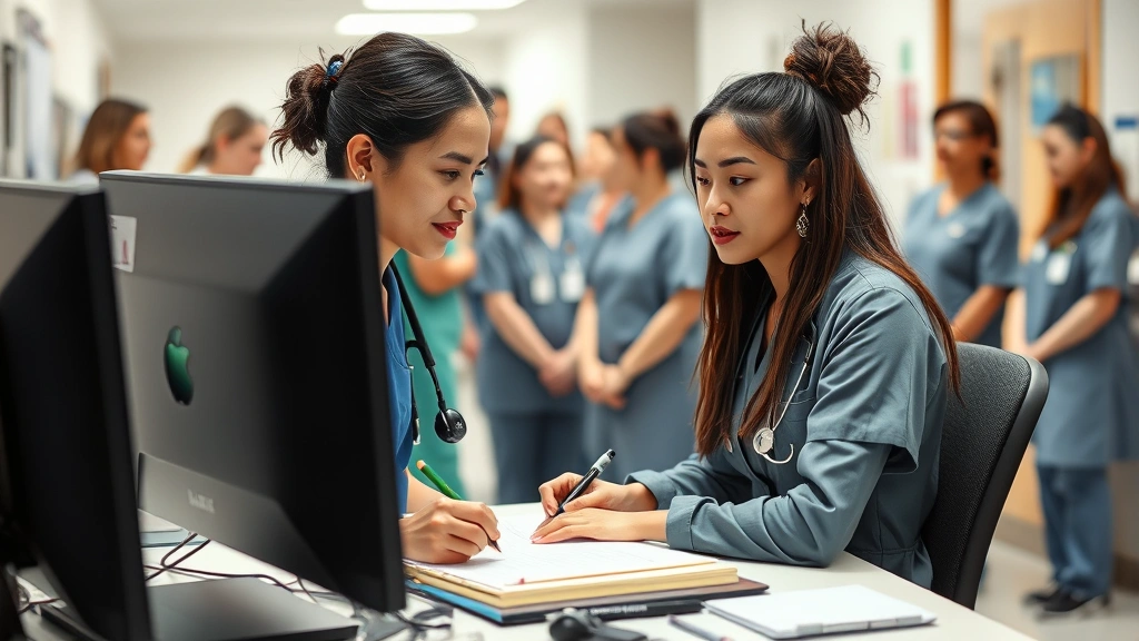 Mental health technician documenting notes at computer station in hospital, professional environment, caring demeanor, diverse healthcare team in background