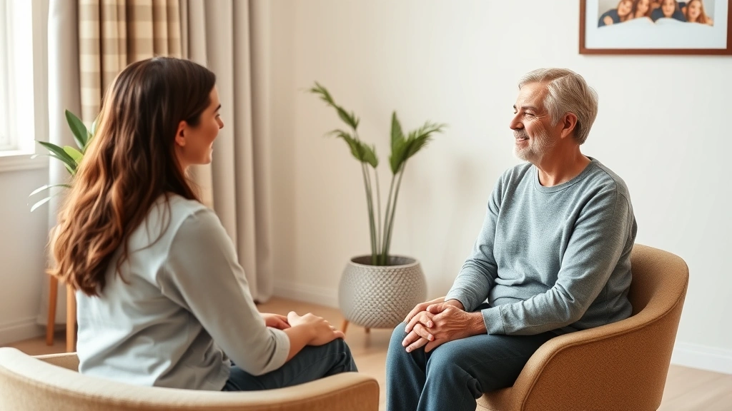A compassionate professional sitting with a patient in a calming, well-lit therapy room, demonstrating active listening and supportive presence without showing faces clearly