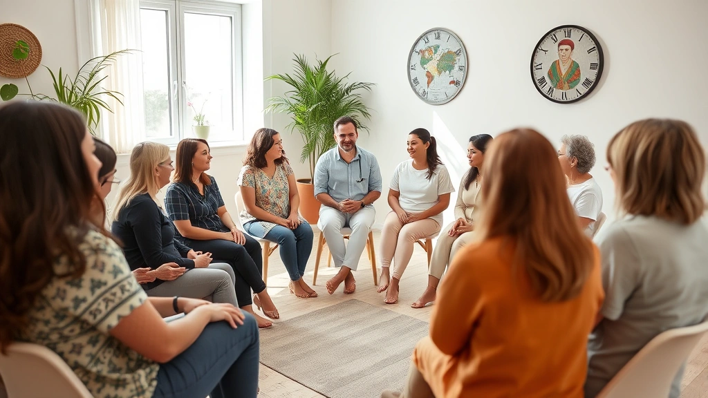 Group therapy session in wellness center, diverse patients in circle with mental health professional facilitating discussion, supportive atmosphere with natural lighting