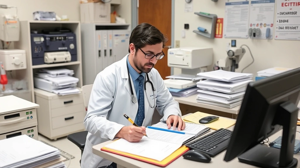 A mental health professional documenting observations at a workstation surrounded by medical records and equipment in a clean, organized psychiatric care facility