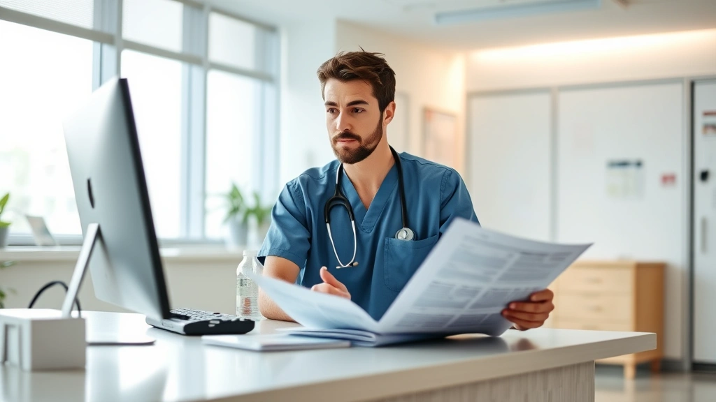 Mental health technician in scrubs reviewing patient charts at a clinical desk in a modern psychiatric facility, focused and professional expression