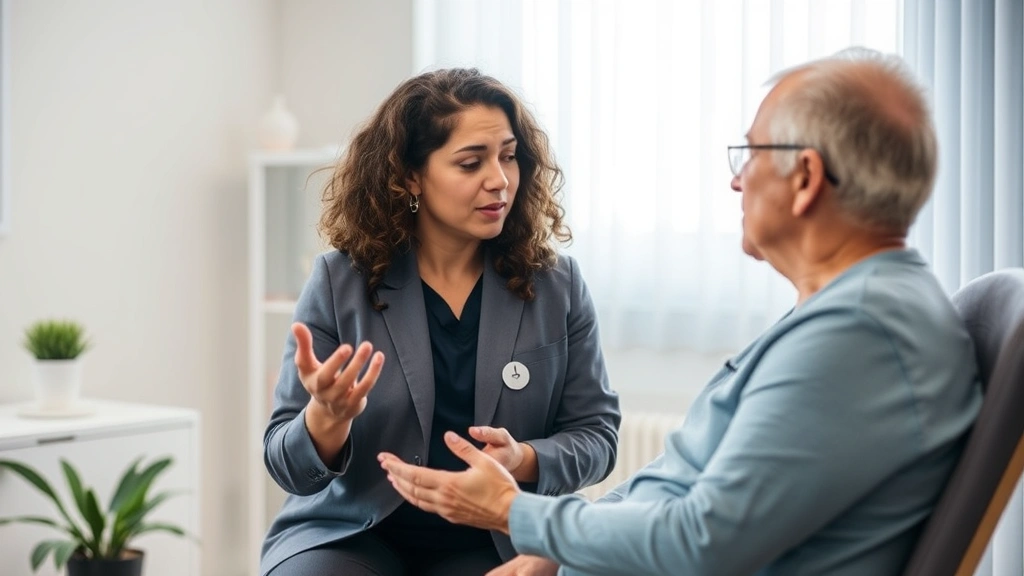 Mental health technician demonstrating de-escalation technique with patient in crisis, showing calm body language and compassionate interaction in safe clinical setting