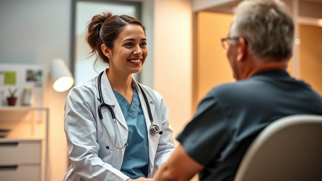 Professional healthcare worker in clinical mental health setting, engaged in patient care, warm lighting, compassionate expression, modern healthcare facility environment