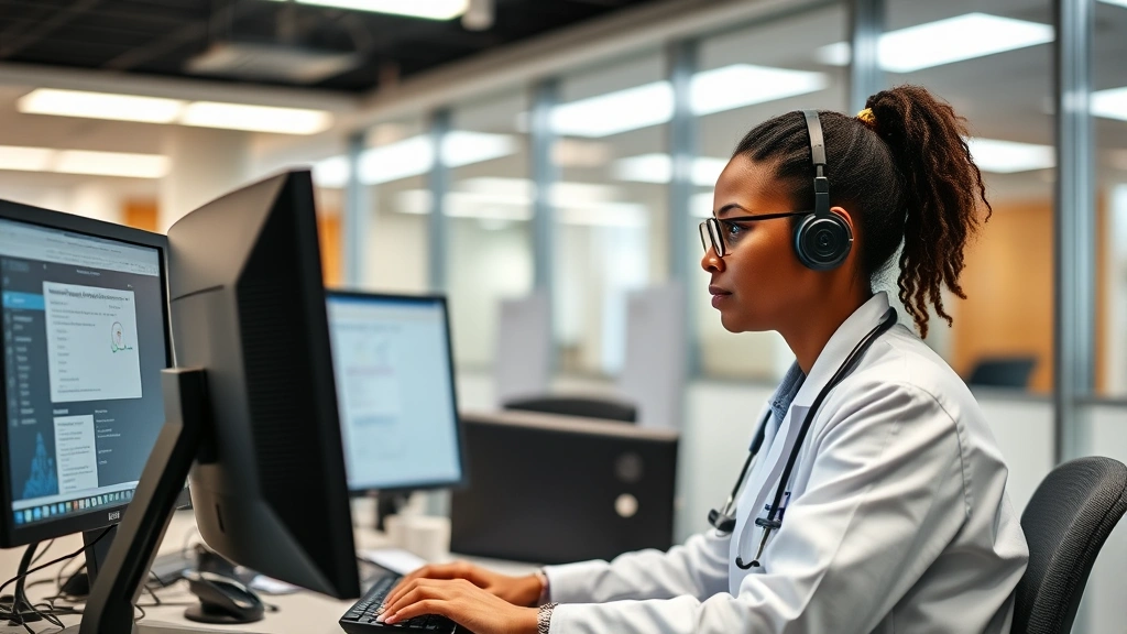 Mental health technician at workstation with computer systems, modern mental health facility, administrative and clinical documentation, professional healthcare environment