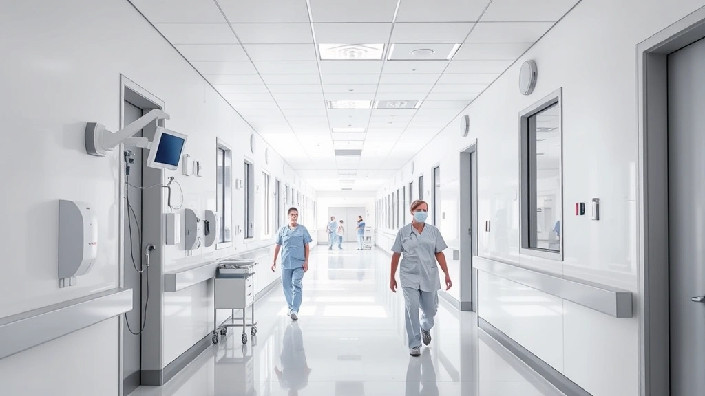 Modern hospital corridor with clean white walls, medical equipment visible, natural lighting from windows, healthcare professionals in scrubs walking, welcoming and professional atmosphere