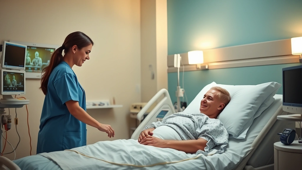 Patient receiving care from compassionate nurse in comfortable hospital room, warm lighting, monitor displays, peaceful healing environment with family support visible