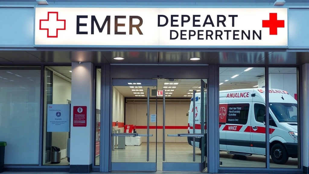 Hospital emergency department entrance with modern signage, glass doors, well-lit facility exterior, ambulance in background, professional medical setting