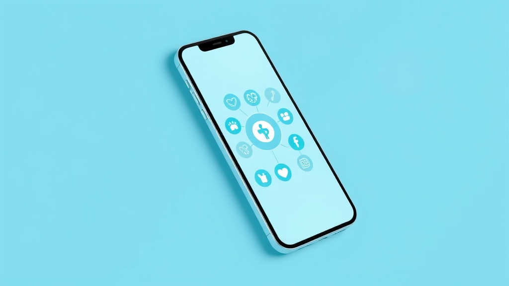Modern smartphone displaying healthcare app interface with medical symbols and wellness icons, clean blue and white color scheme, no text no words no letters