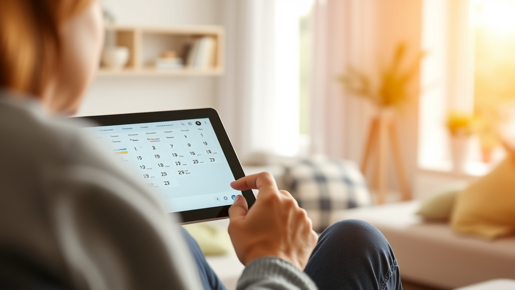 Person using tablet to access digital healthcare platform in bright modern home setting, medical appointment calendar visible, no text no words no letters