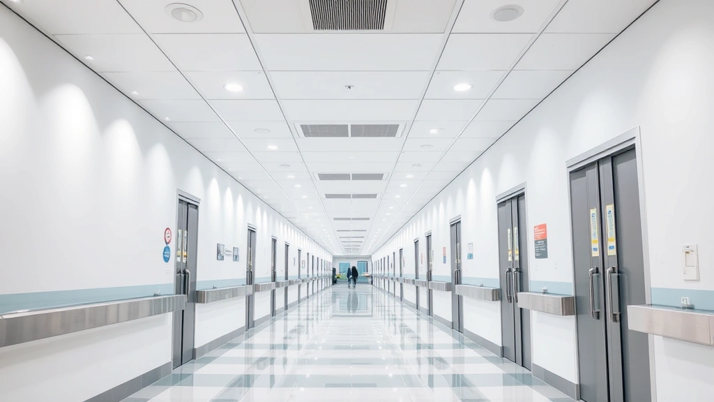 Modern hospital corridor with clean bright lighting, contemporary medical architecture, welcoming healthcare environment, professional and calming atmosphere
