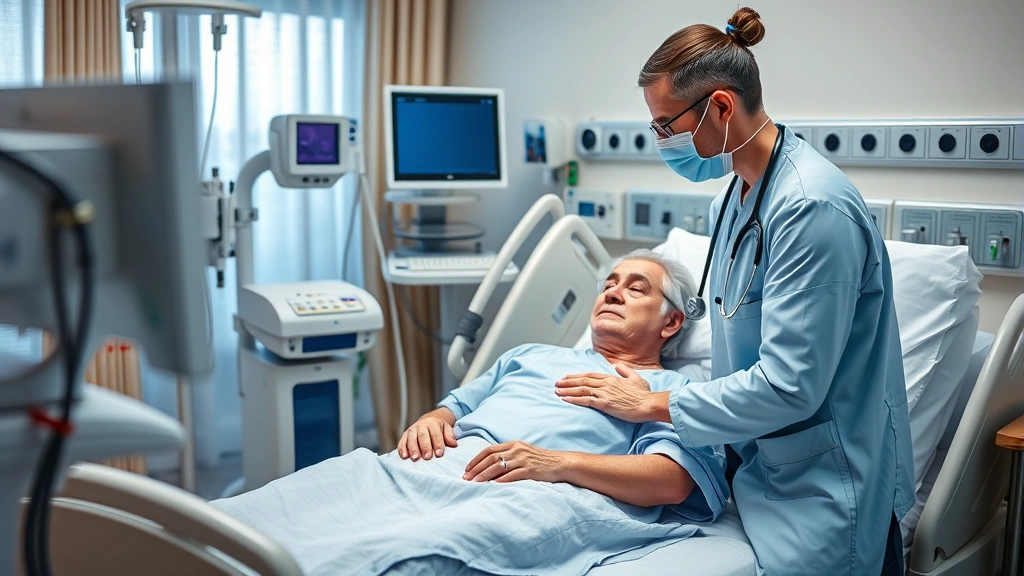 Patient receiving care from compassionate healthcare provider in comfortable hospital room, clinical yet warm medical environment, modern medical technology visible