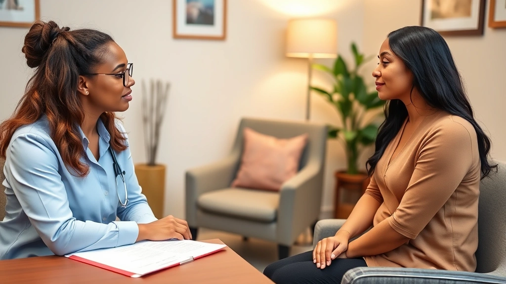 Mental health professional conducting patient assessment in clinical office, warm professional atmosphere, comfortable chairs, medical documents on desk, supportive environment