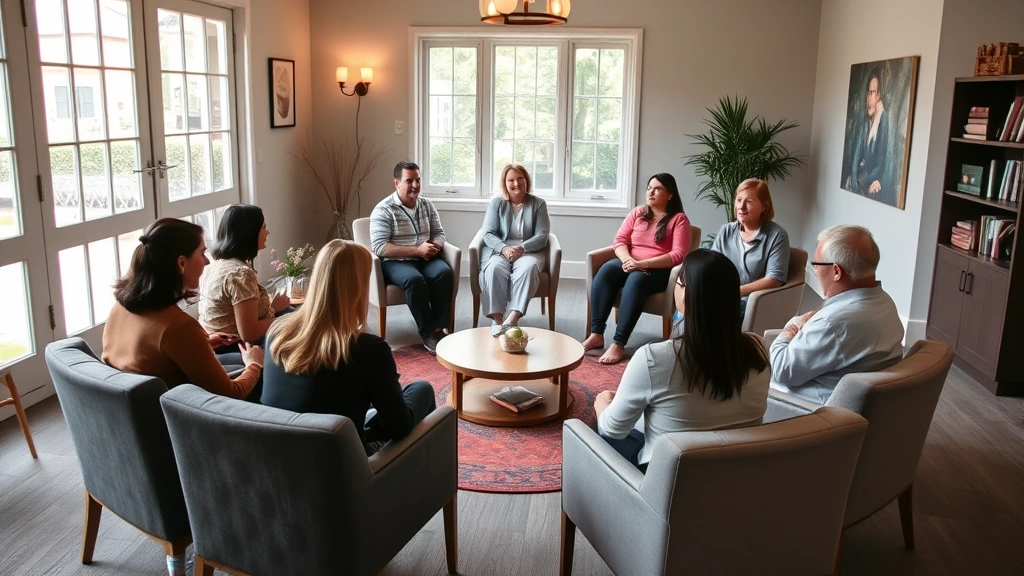 Group therapy circle in welcoming community space with comfortable seating arrangement, windows with natural light, supportive group setting without people present