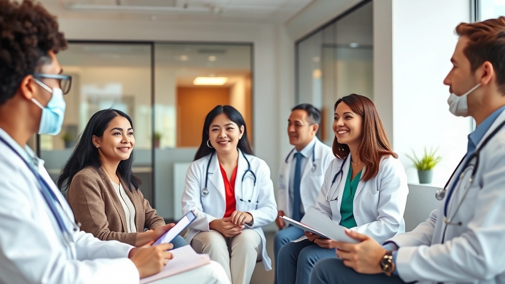 Professional healthcare setting with diverse patients and medical professionals having consultations in a modern clinic, warm lighting, clinical but welcoming atmosphere