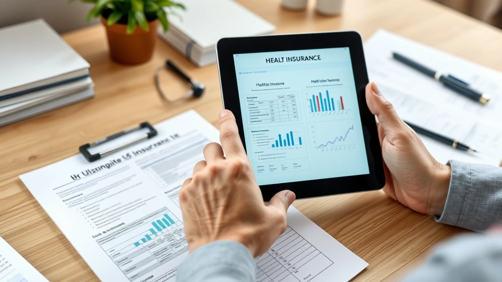 Close-up of hands reviewing health insurance documents and digital tablet showing medical charts, organized desk with healthcare-related materials, natural daylight