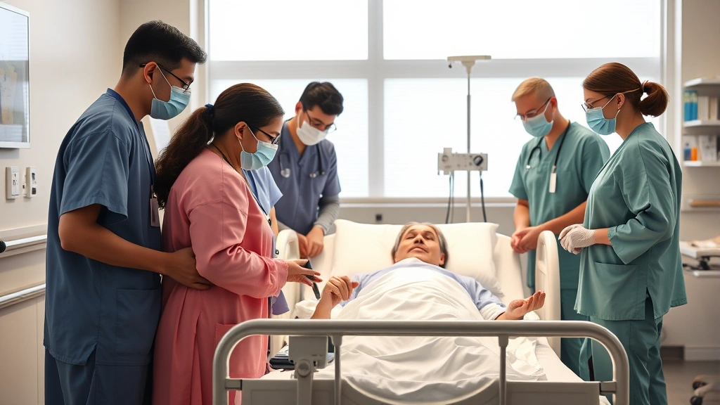 Diverse medical team in surgical masks and hospital attire collaborating around patient bed in bright clinical setting