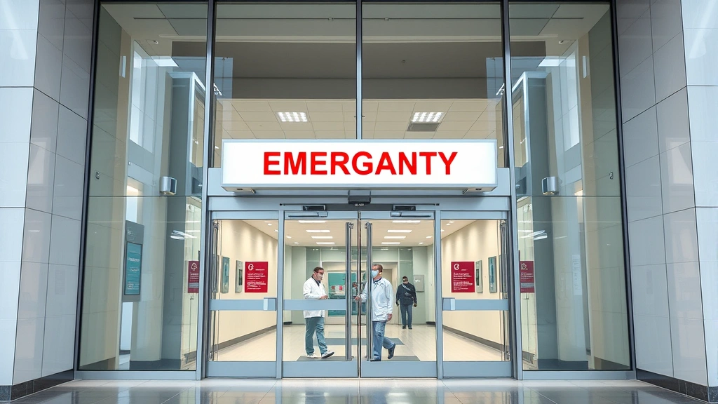 Modern hospital emergency department entrance with glass doors and professional signage, bright lighting, clean contemporary architecture, healthcare workers in scrubs visible in background