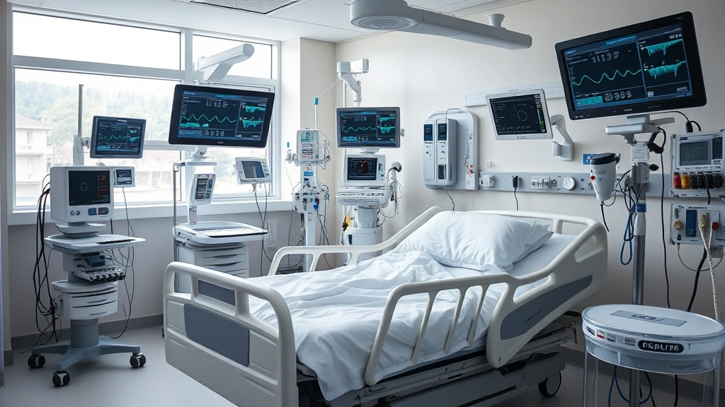 Hospital patient room with modern medical equipment, comfortable bed with adjustable features, monitors displaying vital signs, natural light from window, clean sterile environment