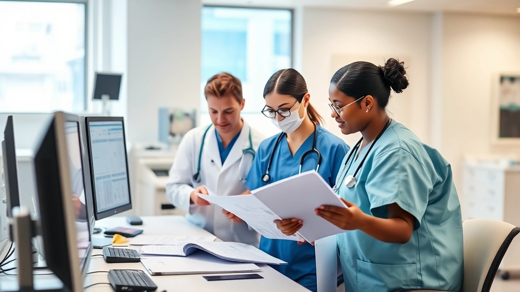 Healthcare team of doctors and nurses in surgical attire reviewing patient charts at hospital workstation, diverse professionals collaborating, modern medical records displays, professional clinical setting